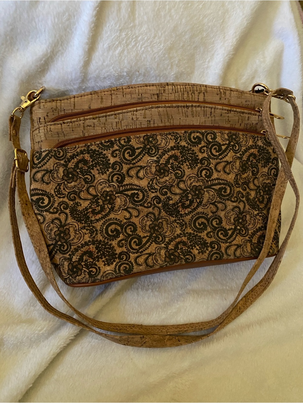Neutral Cork Floral Scroll Crossbody Bag with Adjustable Strap